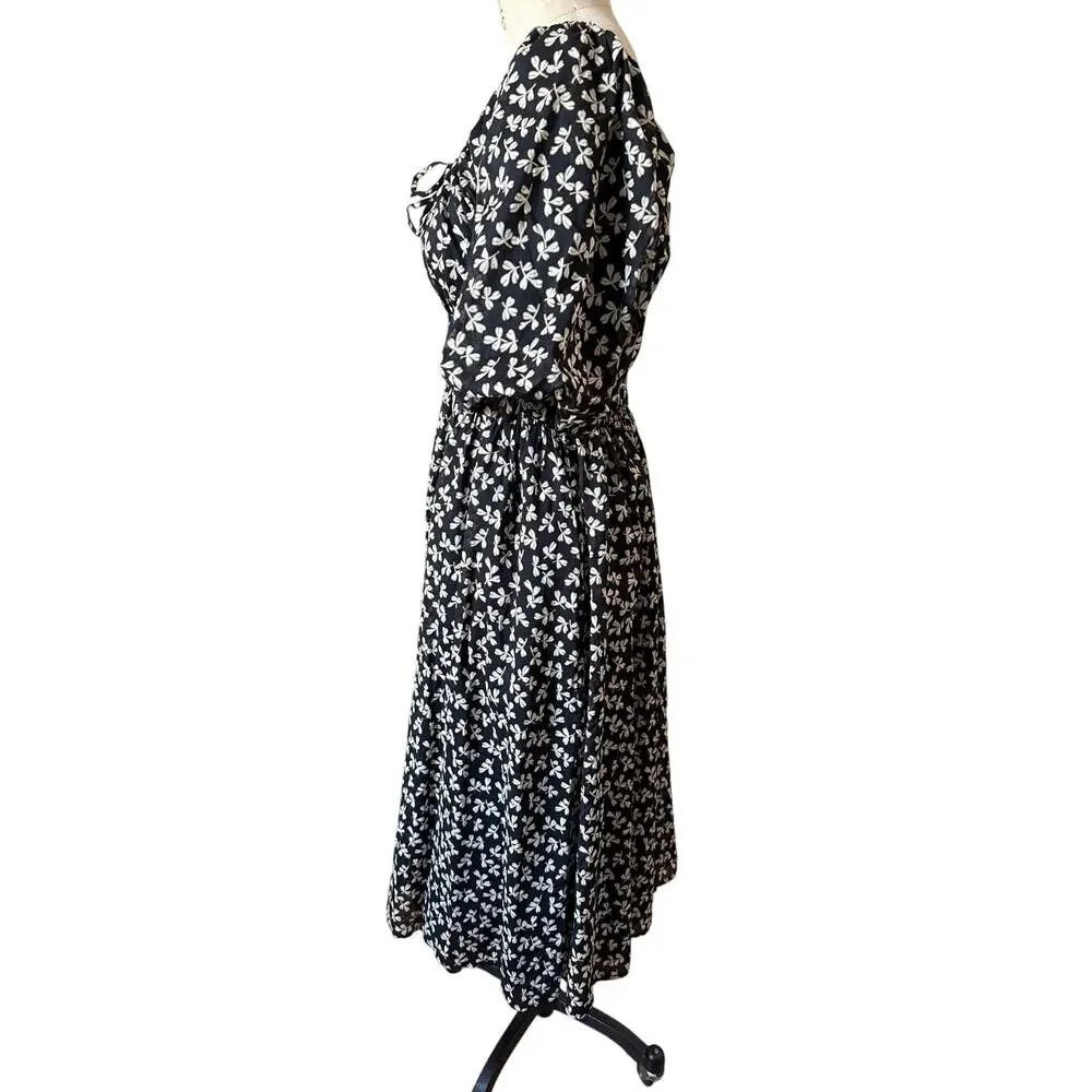 Tory Burch Smocked Midi Dress in Black Little Leaves Size Large